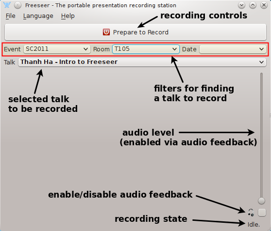 Freeseer's recording interface with annotations